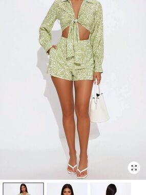 Fashion Nova Light Green Printed Tie-Front Top and Shorts Set